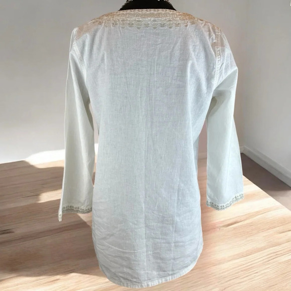 Eddie Bauer Ivory V Neck Embroidered Tunic 3/4 Sleeve Linen Rayon Womens  M Boho - Picture 3 of 7